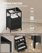 Bedside Table with LED Lights, Charging Station & 3 Fabric Drawers – Black, White or Rustic Brown