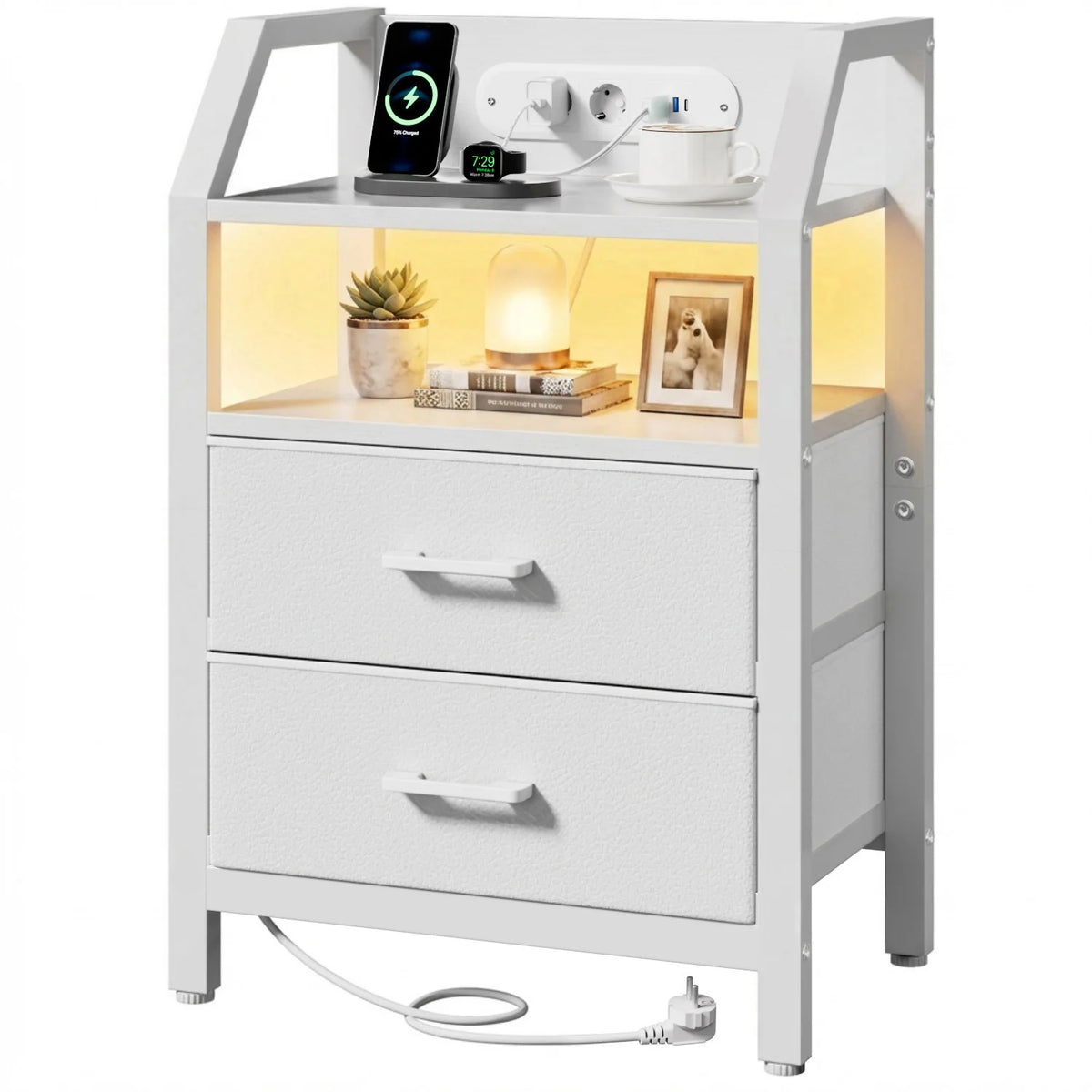 3-Tier Bedside Table with Charging Station, LED Light & Drawers – White, Black, Brown or Grey