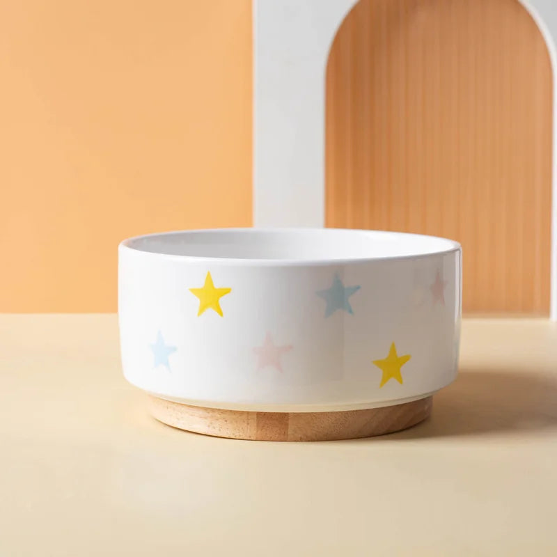 Ceramic Dog & Cat Bowl with Wooden Mat | Wide Mouth | 18 Styles