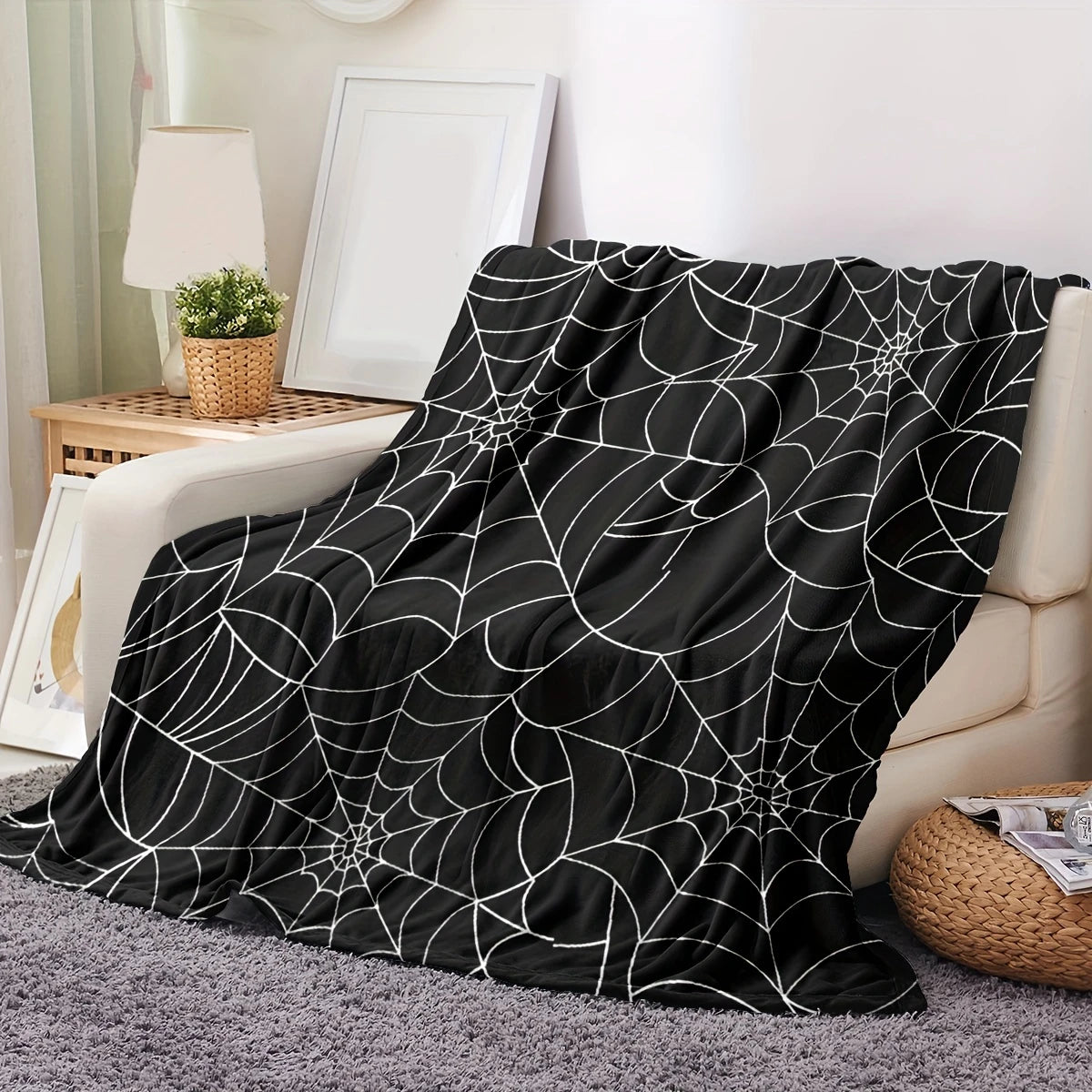 Black & White Spiderweb Fleece Throw Blanket for Halloween Decor