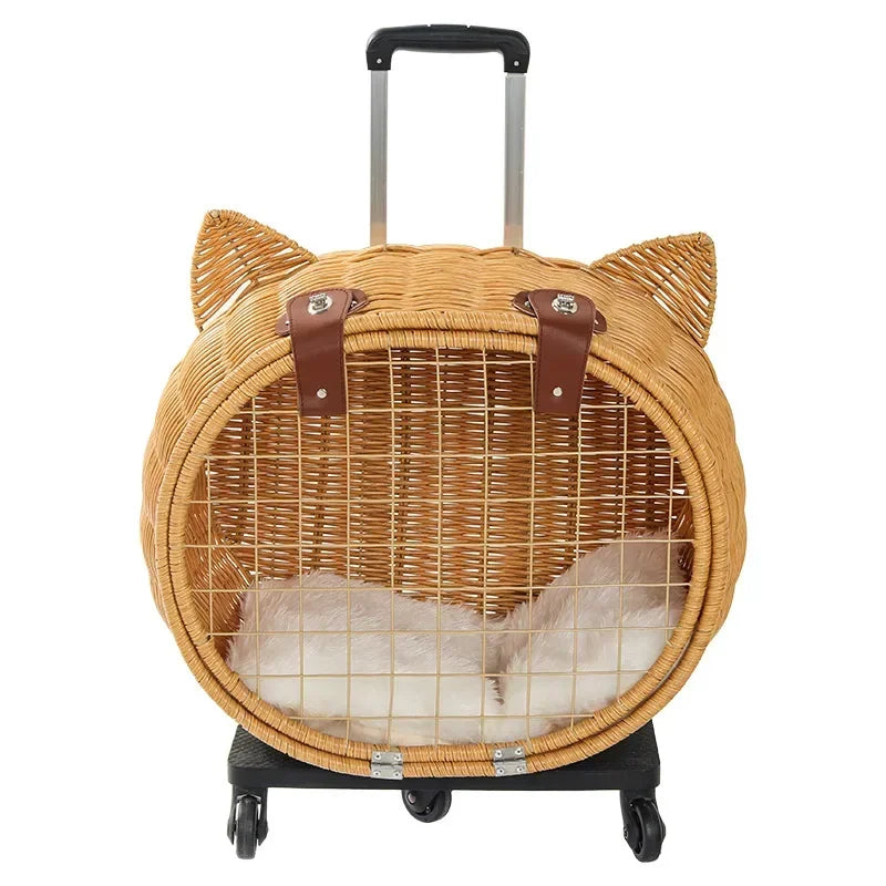 Handwoven Rattan Pet Trolley Carrier – Wheeled Tote Bag for Cats & Dogs, 2 Styles
