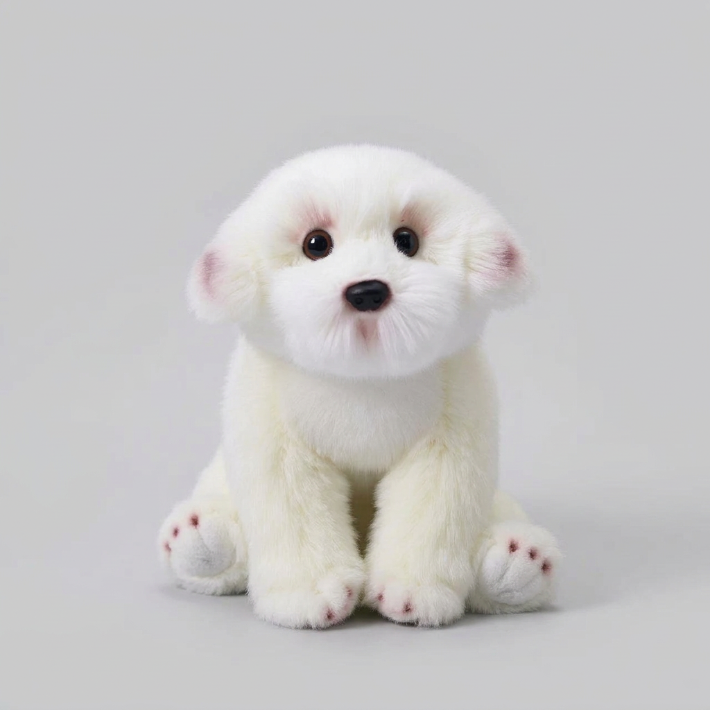 Lifelike Maltese Puppy Plush Stuffed Toy | Simulation Velvet Coat | Glass-Look Eyes | Pink Paw Detail