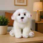Lifelike Maltese Puppy Plush Stuffed Toy | Simulation Velvet Coat | Glass-Look Eyes | Pink Paw Detail