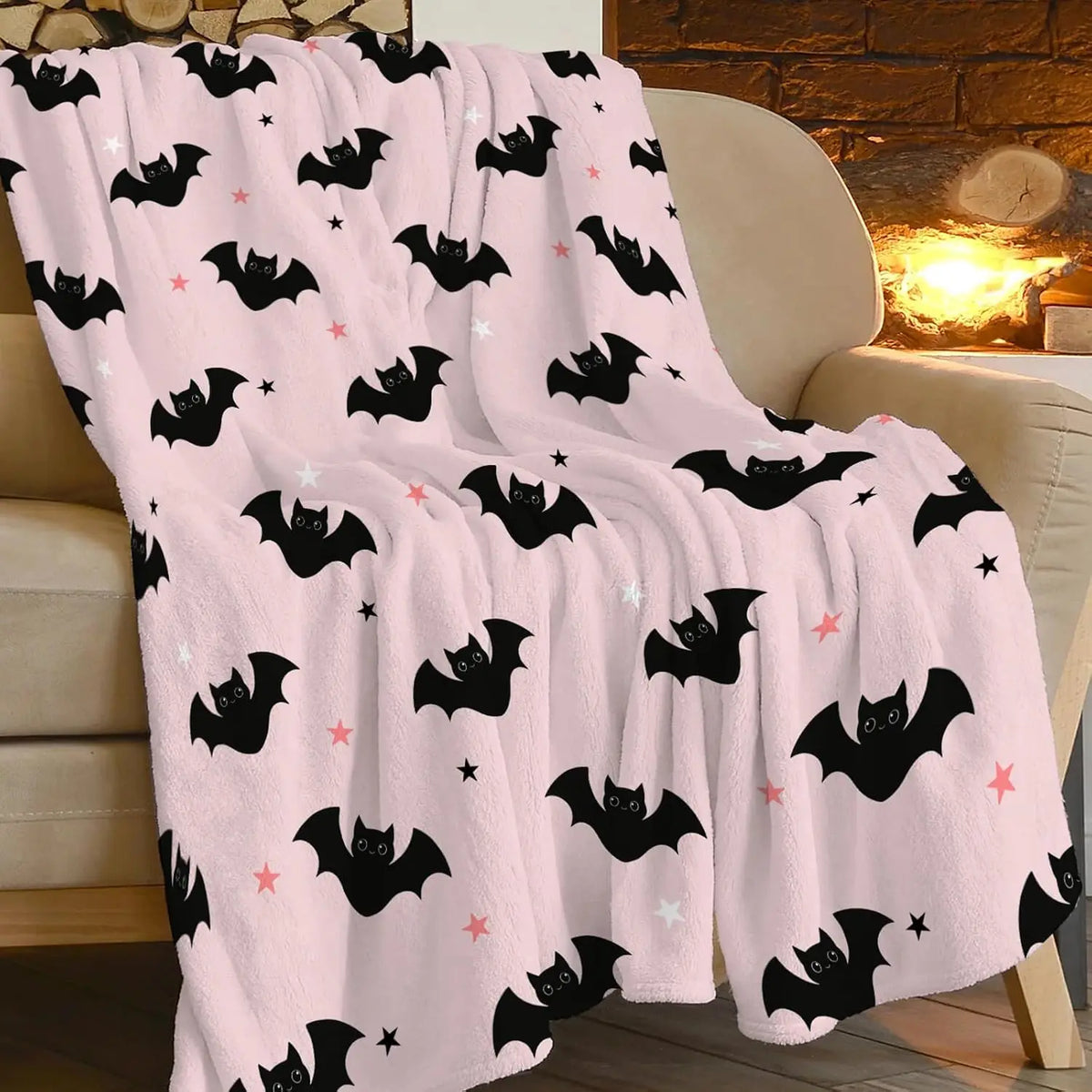 Pink Bat Pattern Halloween Plush Throw Blanket for Bed & Sofa