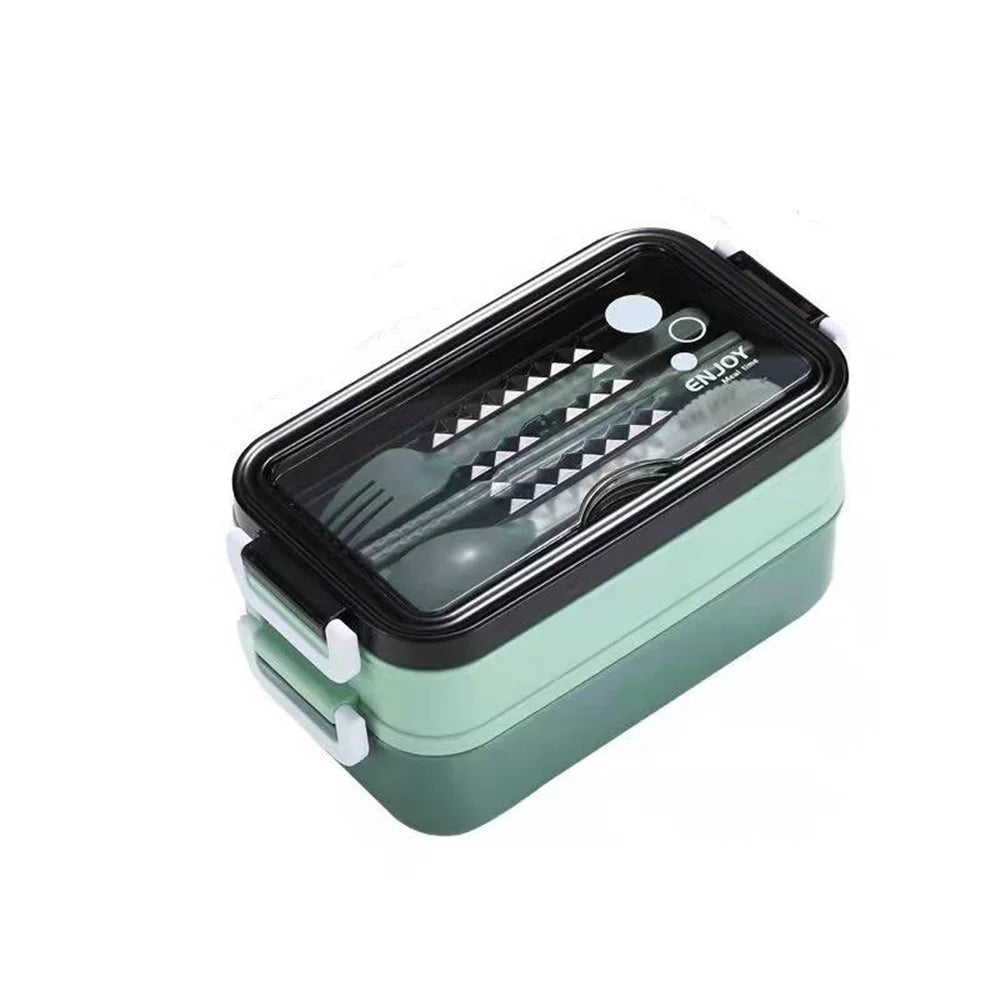 Double-Layer Lunch Box with Cutlery – 1400ml Leakproof Compartment Food Box, Pink, Green or Blue