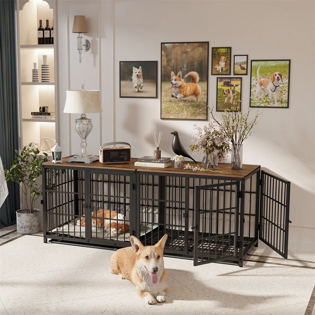 Furniture-Style Dog Crate End Table – 3 Doors, Removable Tray, M, L or XL