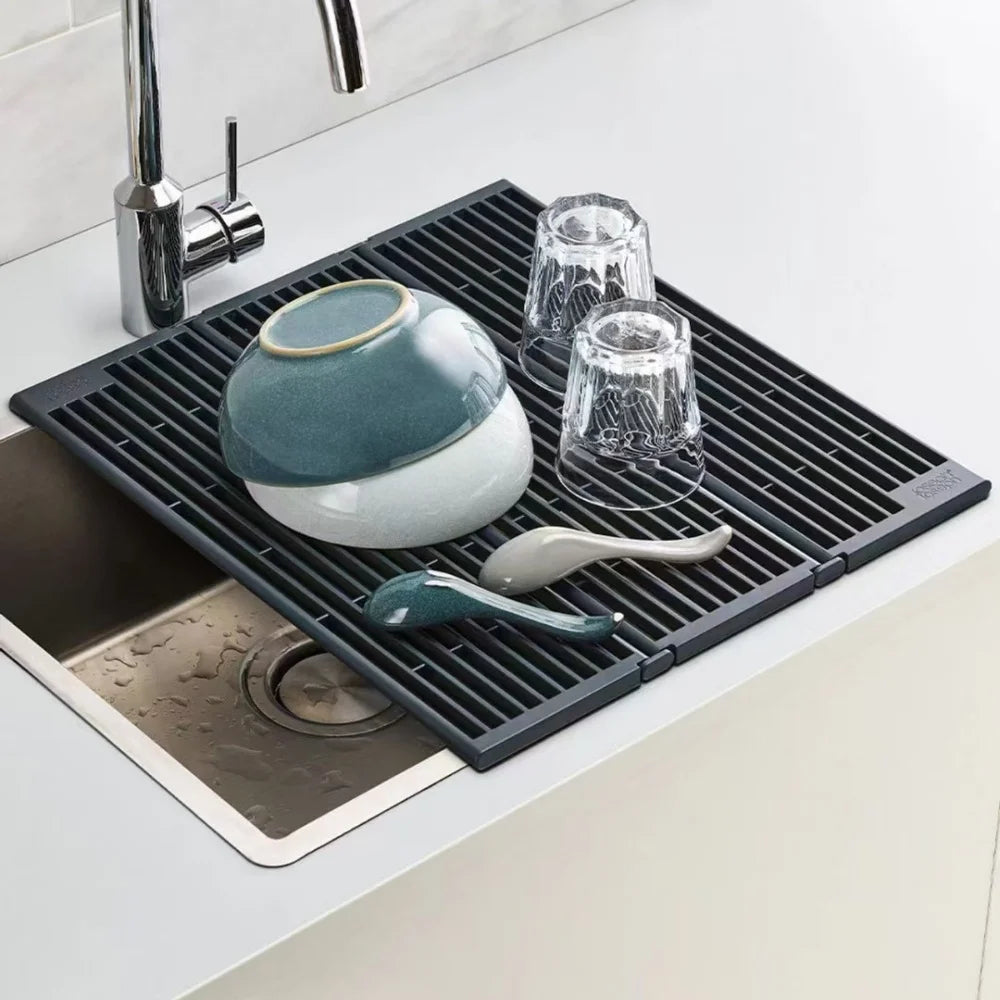 Foldable Kitchen Sink Drainer with Splash Guard – ABS & TPE, Black