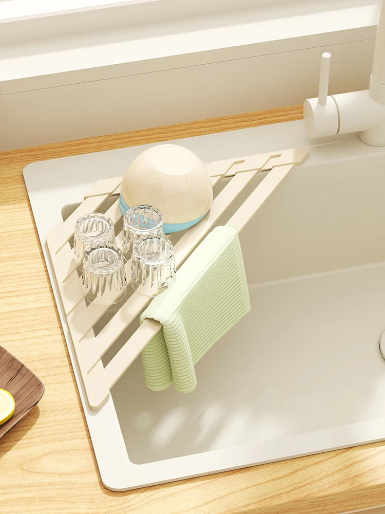 Foldable Over-Sink Drain Rack with Towel Bar – Adjustable Aluminium Drainer