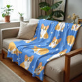 Blue Corgi Dog Fleece Throw Blanket for Sofa, Bed & Travel