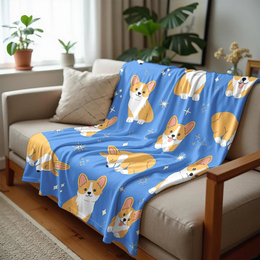 Blue Corgi Dog Fleece Throw Blanket for Sofa, Bed & Travel