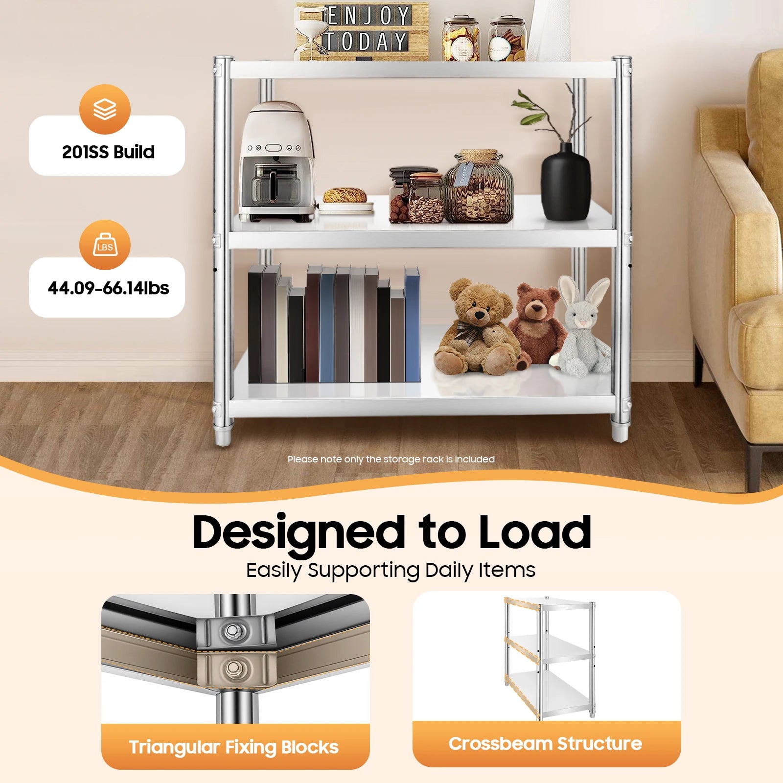 3-Tier Stainless Steel Storage Rack – Adjustable, Freestanding, Waterproof