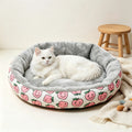 Round Corduroy Calming Cat Cushion Bed | Breathable | Warm | 3 Sizes | Pink Peach & Pink Stripe