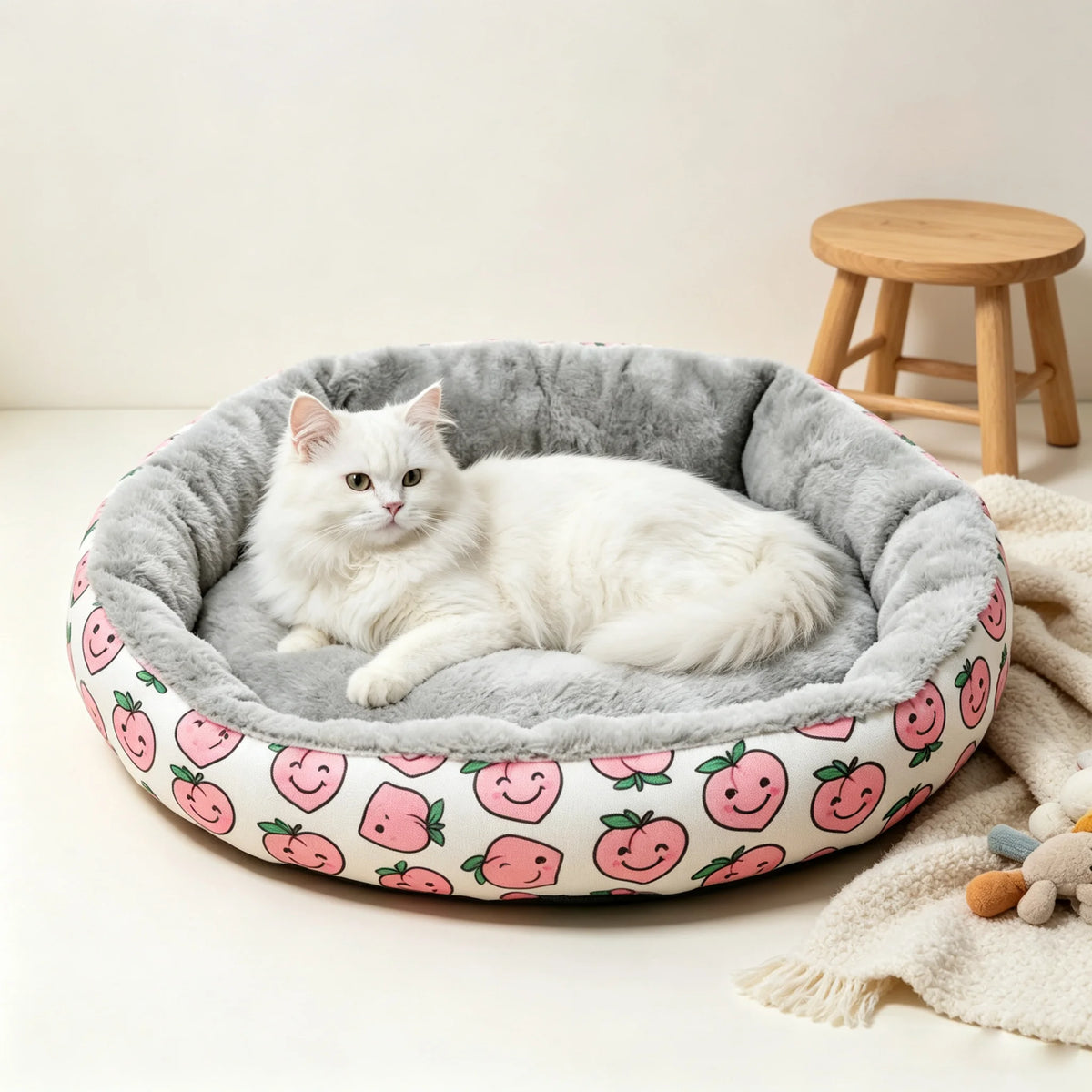Round Corduroy Calming Cat Cushion Bed | Breathable | Warm | 3 Sizes | Pink Peach & Pink Stripe