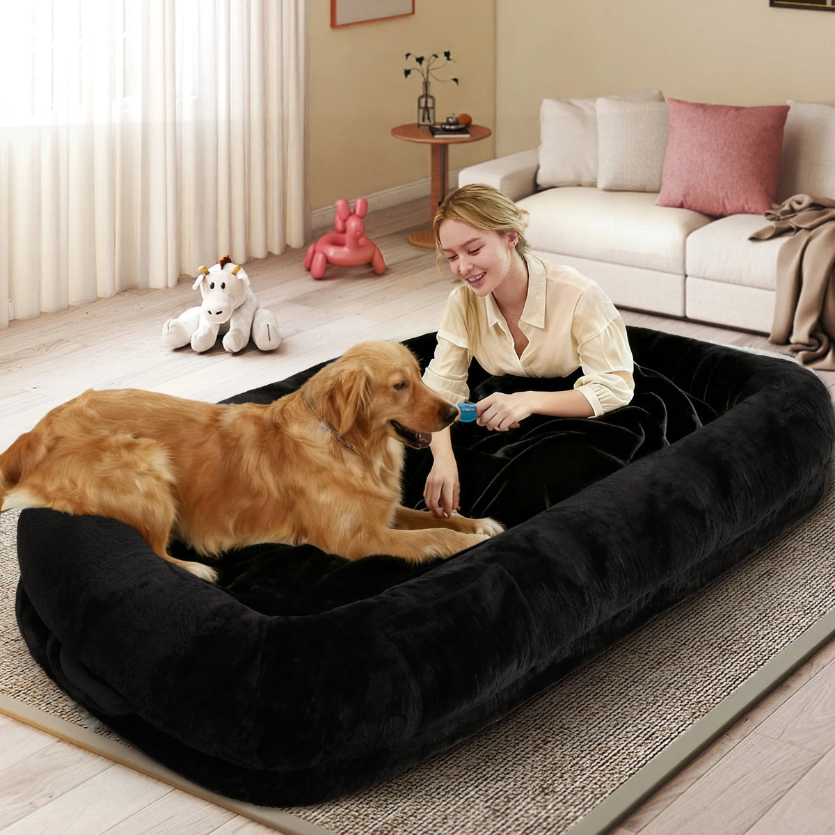 Oversized Human Dog Bed | Faux Fur | Waterproof Liner | Non-Slip | Side Pocket | Removable Cover