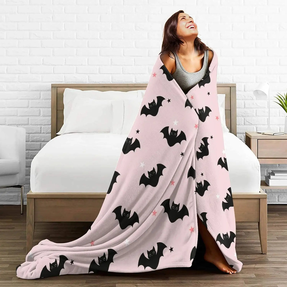 Pink Bat Pattern Halloween Plush Throw Blanket for Bed & Sofa