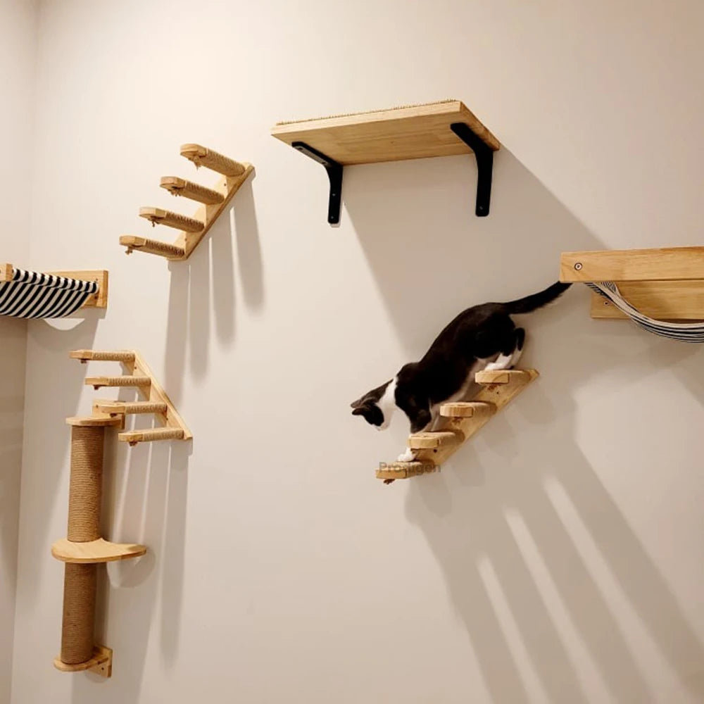 Wall-Mounted Cat Climbing Shelves – Modular Steps, Hammock, Scratching Posts & Shelves
