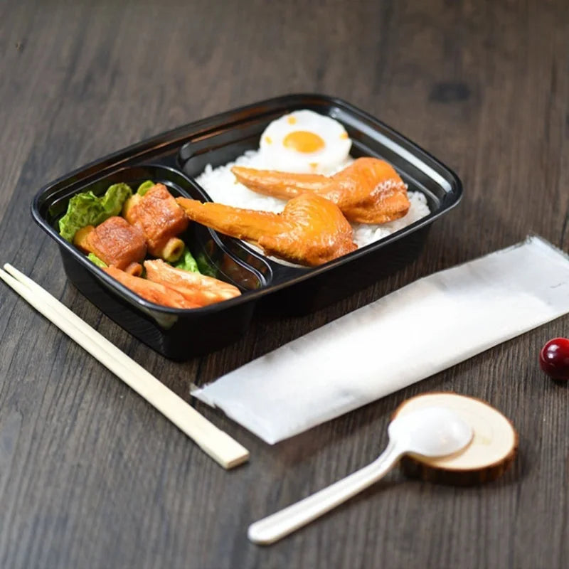 Black Two-Compartment Food Box Set – Square Lunch & Fruit Container for Picnic & Fast Food, 5 or 10 Pack