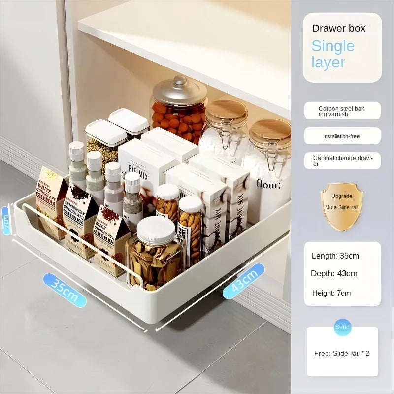 Pull-Out Cabinet Drawer Organizer with Slide Rails – No Drilling, 5 Sizes