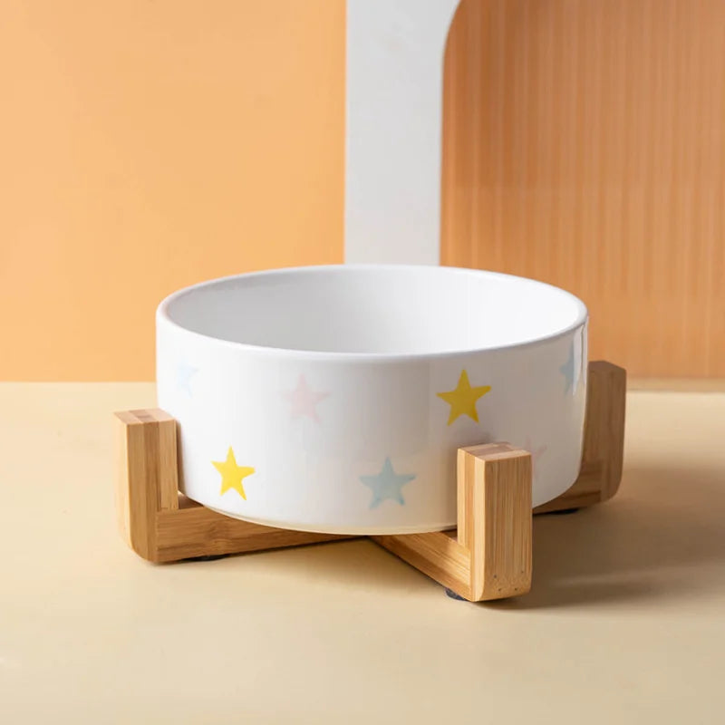Ceramic Dog & Cat Bowl with Wooden Mat | Wide Mouth | 18 Styles