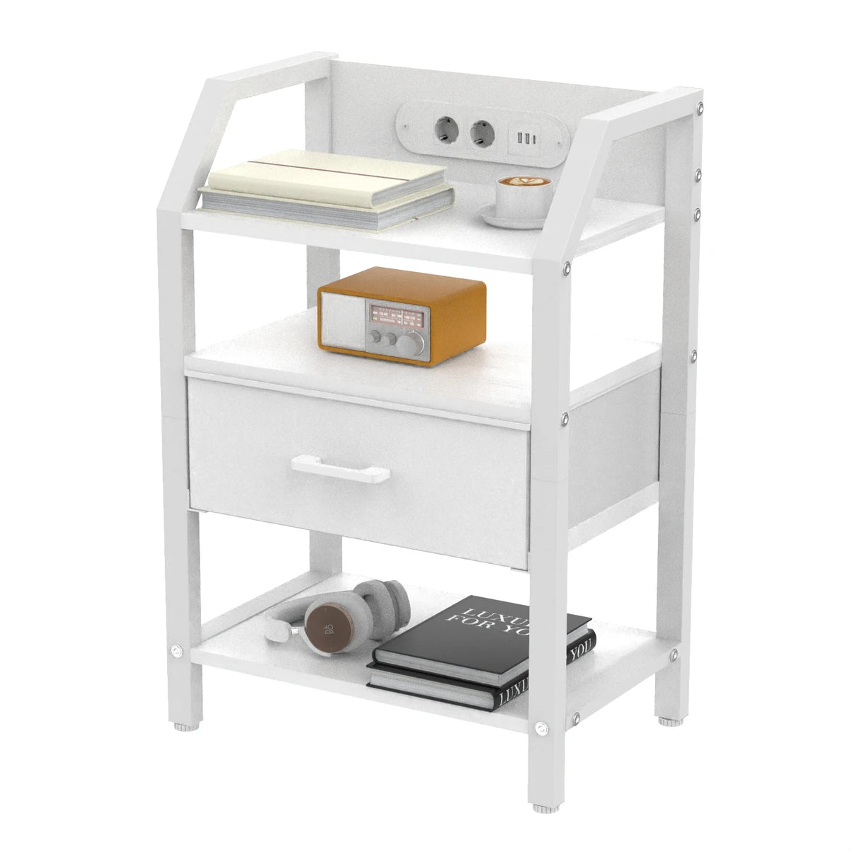 3-Tier Bedside Table with Charging Station, LED Light & Drawers – White, Black, Brown or Grey