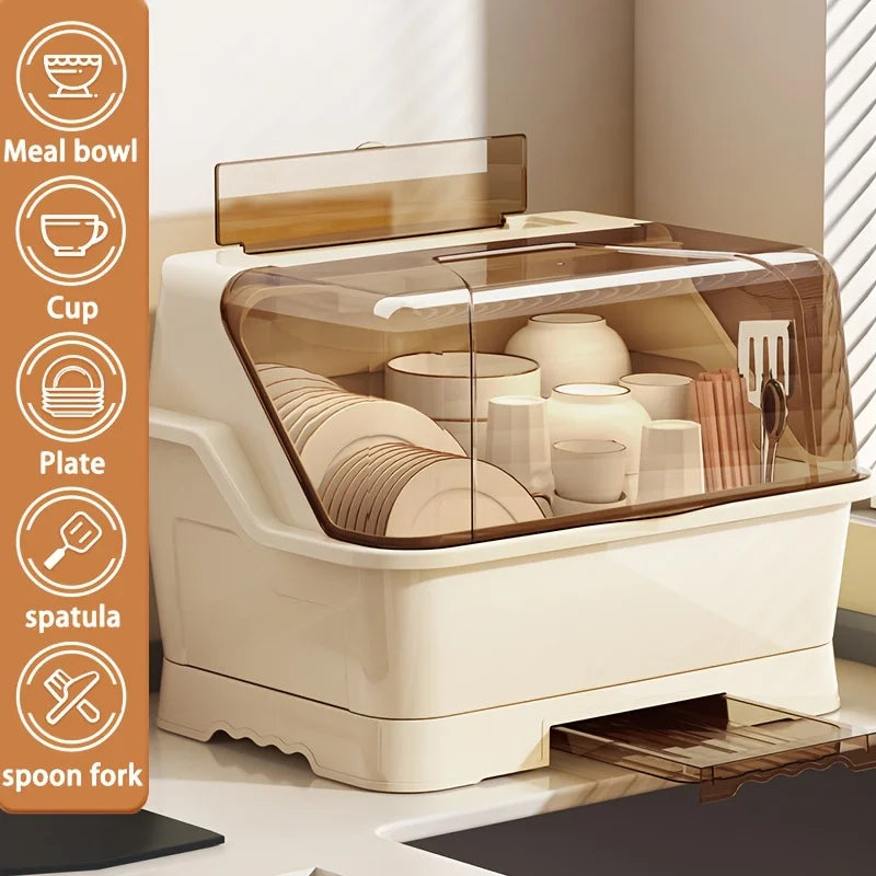 Dish Rack with Lid – Dust-Proof Countertop Organiser with Drainboard