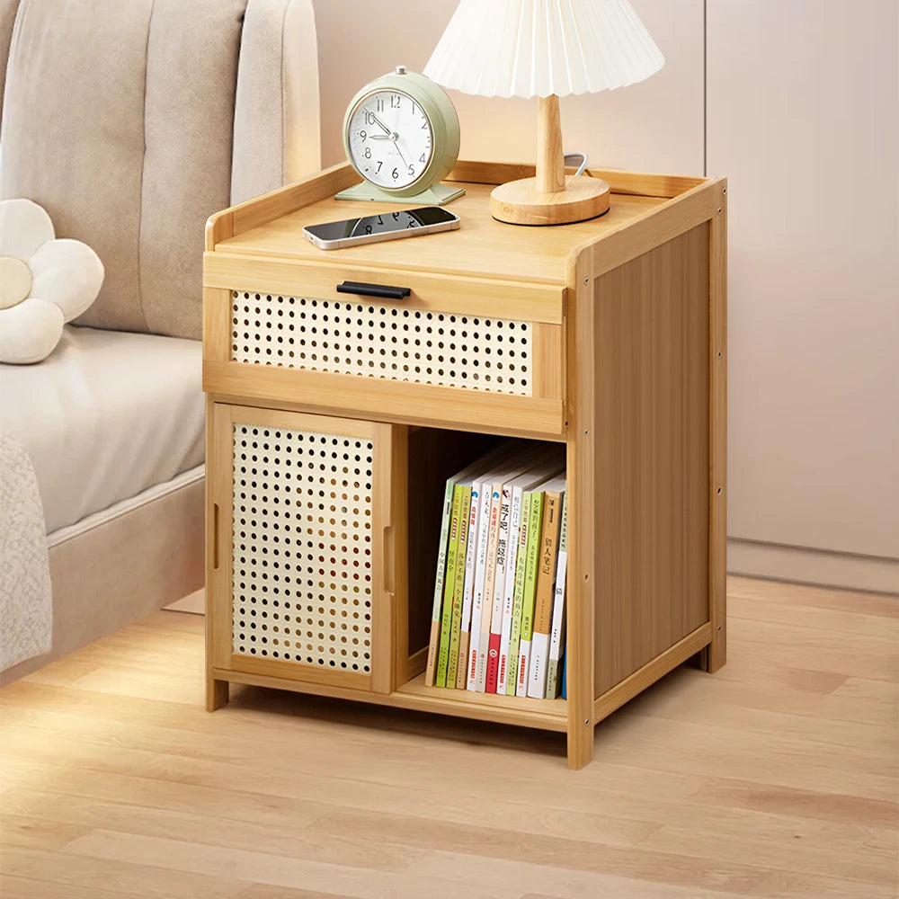 Compact Wooden Nightstand with Drawer & Sliding Door