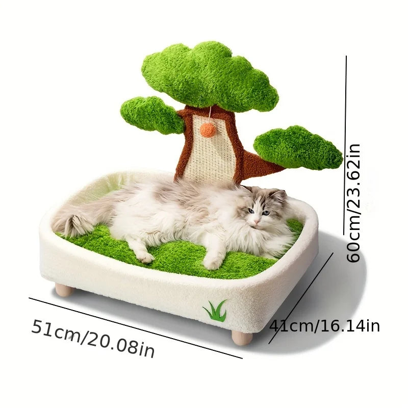 Pine Tree Cat Bed & Scratch Board | 2-in-1 | Removable Washable Cushion | Green & Light Green