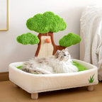 Pine Tree Cat Bed & Scratch Board | 2-in-1 | Removable Washable Cushion | Green & Light Green