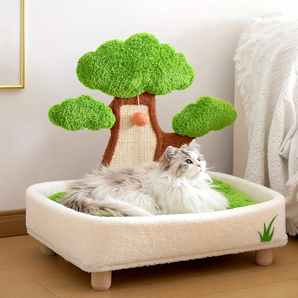 Pine Tree Cat Bed & Scratch Board | 2-in-1 | Removable Washable Cushion | Green & Light Green