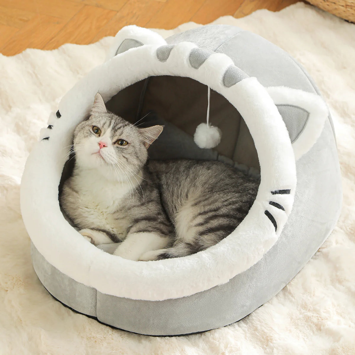 Animal Ear Cave Cat Bed | Plush | High-Resilience Core | Detachable Washable Cushion | Pompom Toy | 3 Sizes
