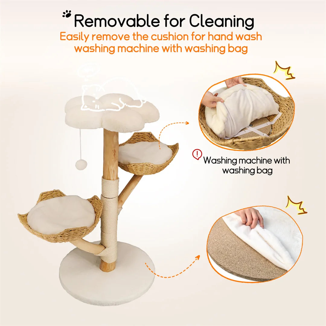 Three-Tier Cat Tree Tower | Natural Willow Wood | Sisal Scratching Post | Beige