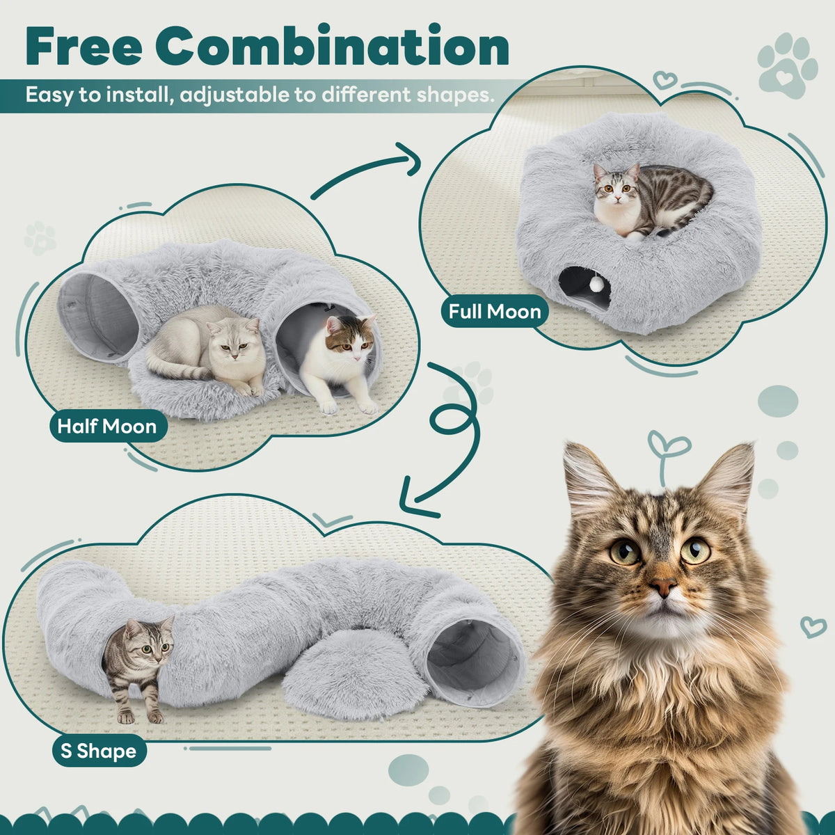 Doughnut Cat Tunnel Bed | 3-in-1 Tunnel, Nest & Platform | Short Plush | Washable | Gray