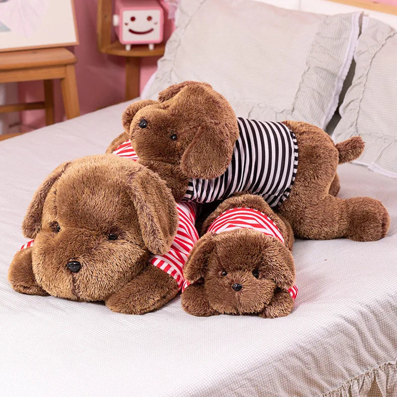 Lying Dog Plush Pillow – Floppy-Eared Striped-Shirt Pup
