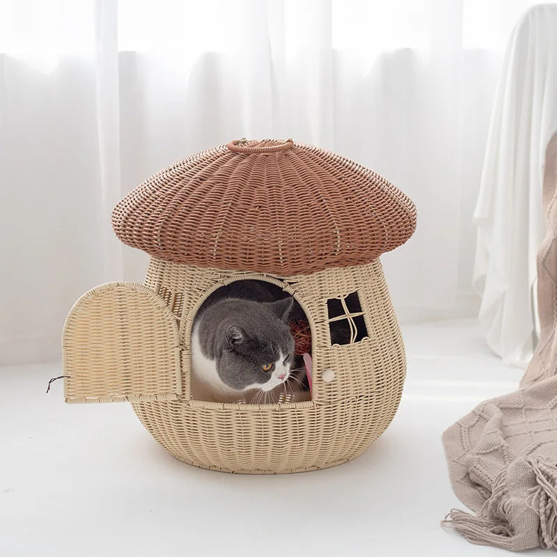Mushroom Cat House – Rattan-Look Pet Hideaway