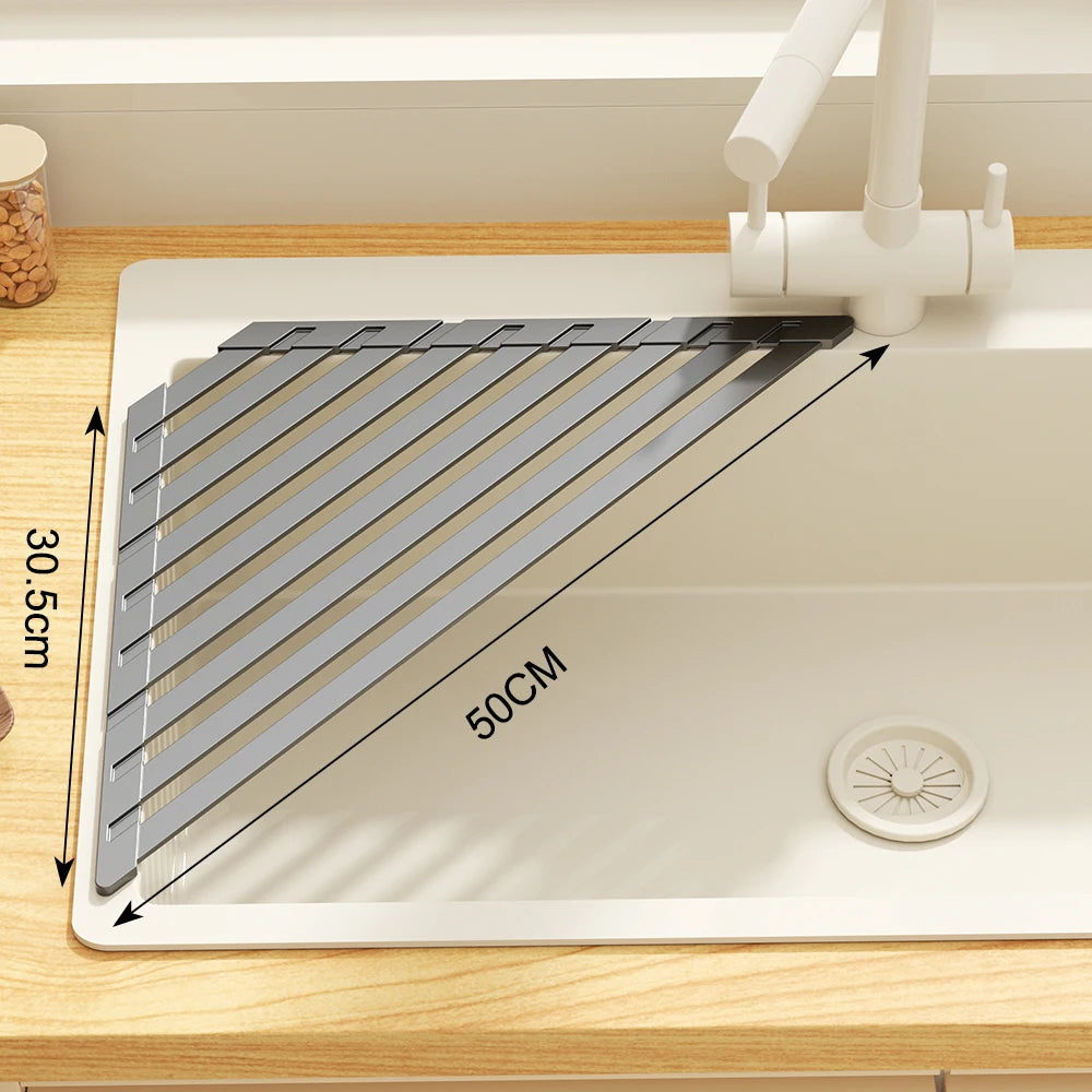 Foldable Over-Sink Drain Rack with Towel Bar – Adjustable Aluminium Drainer