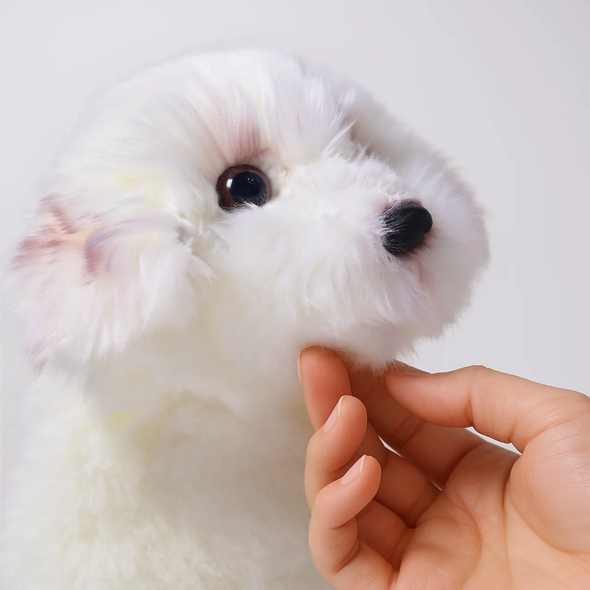 Lifelike Maltese Puppy Plush Stuffed Toy | Simulation Velvet Coat | Glass-Look Eyes | Pink Paw Detail