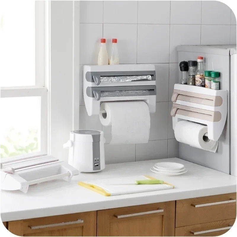 4-in-1 Wall Mount Kitchen Organizer with Paper Towel Holder and Wrap Dispenser