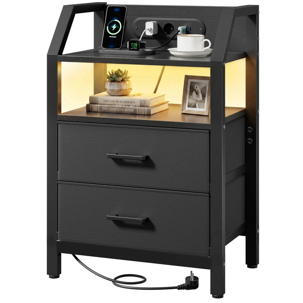 3-Tier Bedside Table with Charging Station, LED Light & Drawers – White, Black, Brown or Grey