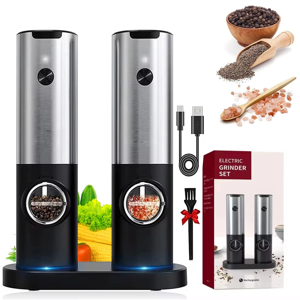 Electric Salt & Pepper Grinder Set – USB Rechargeable, LED Light, Adjustable Coarseness