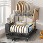 2-Tier Over-the-Sink Dish Drying Rack – Carbon Steel with Auto-Drain Board & Utensil Holder