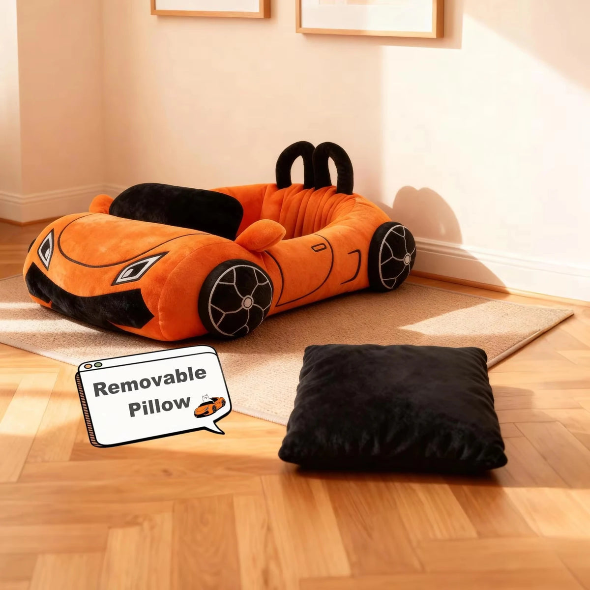 Supercar Cat Bed | Coral Fleece | PP Cotton Fill | Pillow Included | Orange