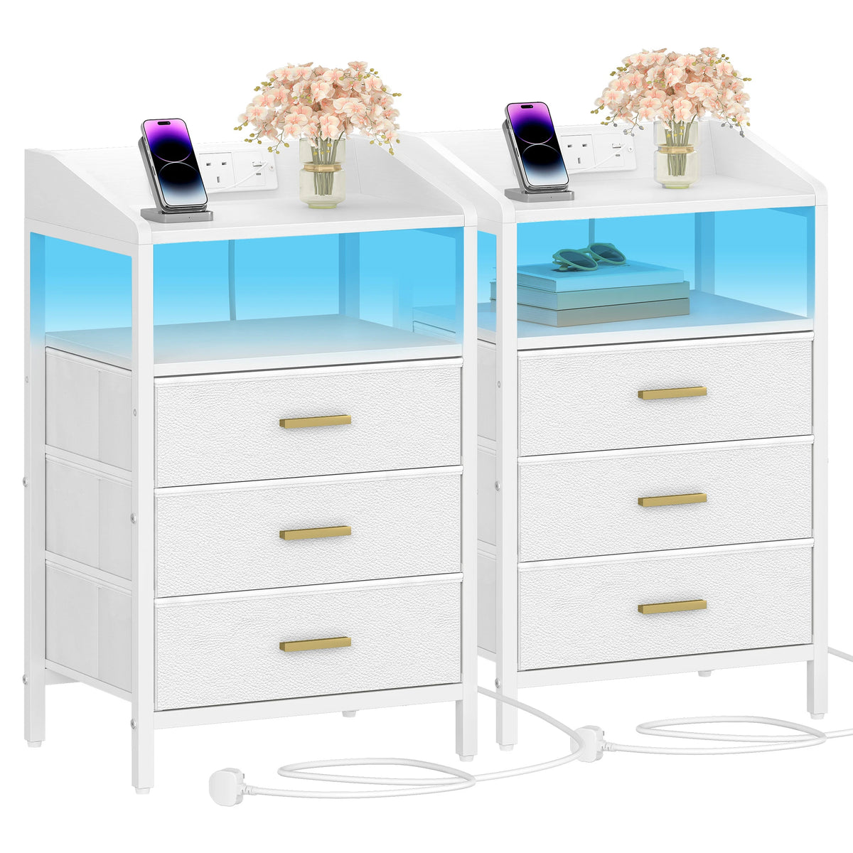 Bedside Table with LED Lights, Charging Station & 3 Fabric Drawers – Black, White or Rustic Brown