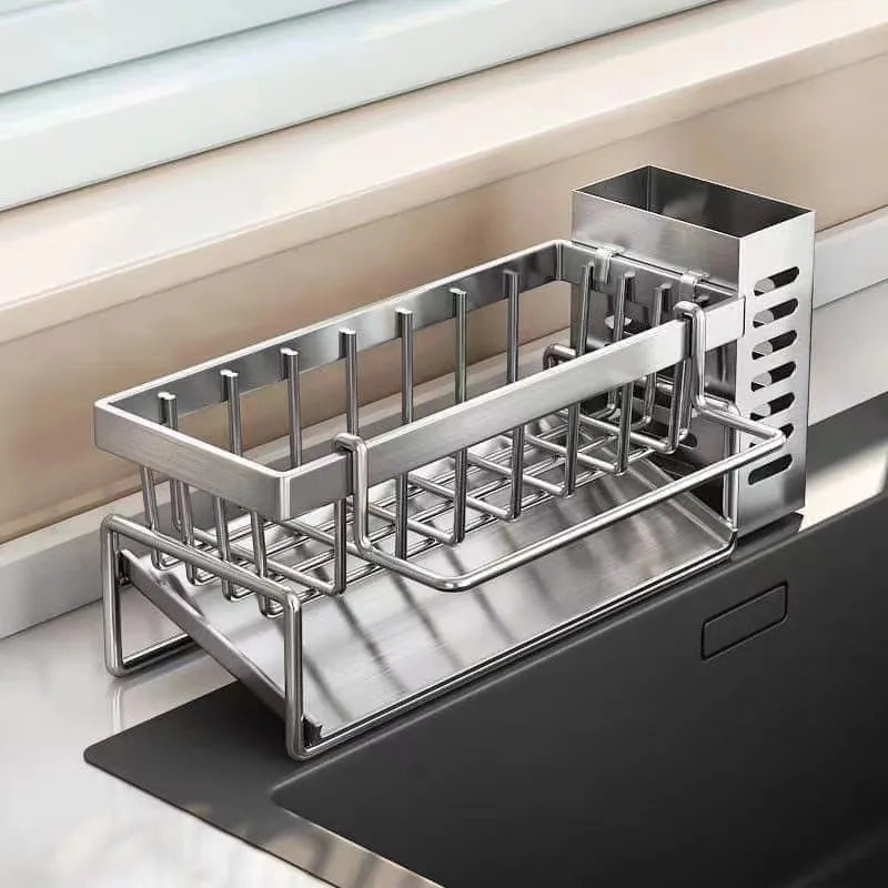 Stainless Steel Sink Caddy with Bar Basket – Sponge & Cleaning Tool Organiser