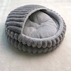 Seashell Pet Bed | Faux Rabbit Fur & Corduroy | 2-in-1 Semi-Enclosed Nest | Waterproof Base | 2 Sizes
