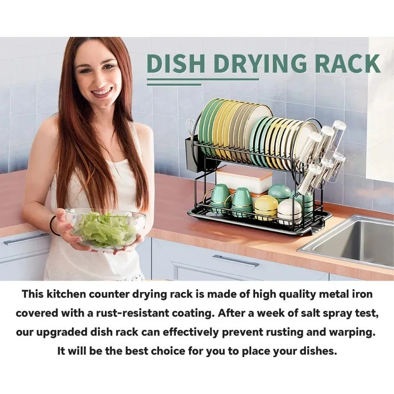 2-Tier Dish Drying Rack with Drain Board – Large Capacity Kitchen Countertop Drainer