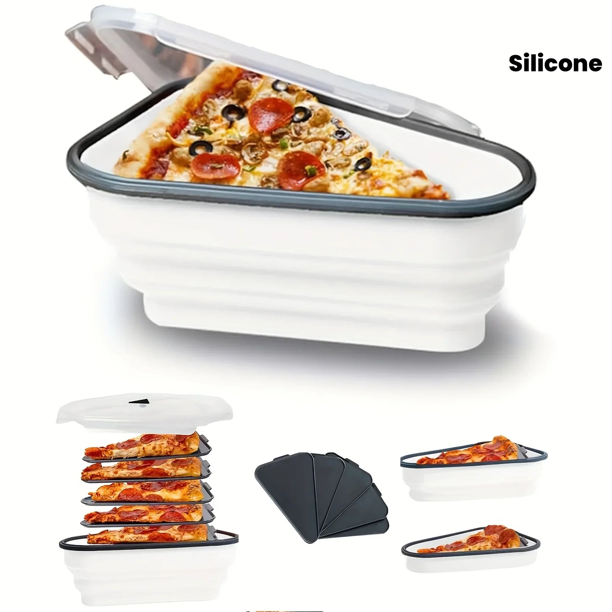 Collapsible Silicone Pizza Storage Container with 5 Microwavable Serving Trays – Airtight, Space-Saving, White