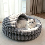 Seashell Pet Bed | Faux Rabbit Fur & Corduroy | 2-in-1 Semi-Enclosed Nest | Waterproof Base | 2 Sizes