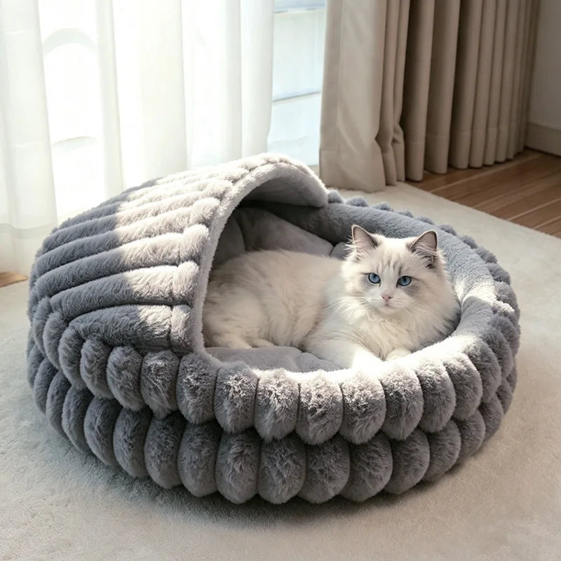 Seashell Pet Bed | Faux Rabbit Fur & Corduroy | 2-in-1 Semi-Enclosed Nest | Waterproof Base | 2 Sizes