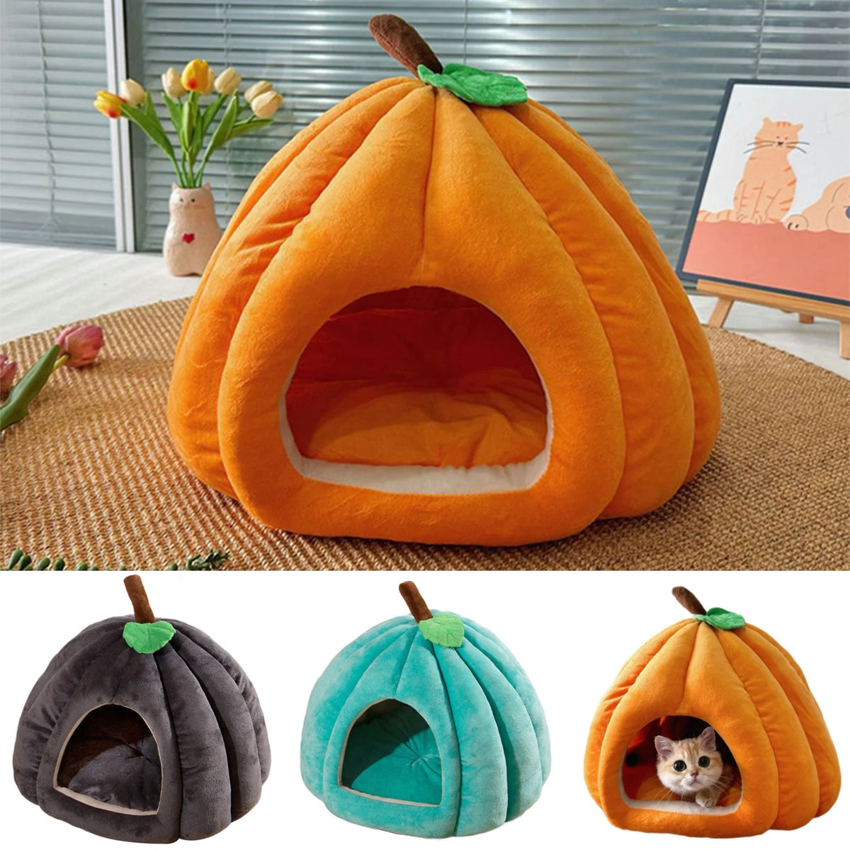 Pumpkin Cat House | Semi-Enclosed Pet Bed | Crystal Velvet | 3 Sizes | 3 Colours