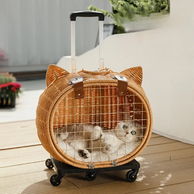Handwoven Rattan Pet Trolley Carrier – Wheeled Tote Bag for Cats & Dogs, 2 Styles